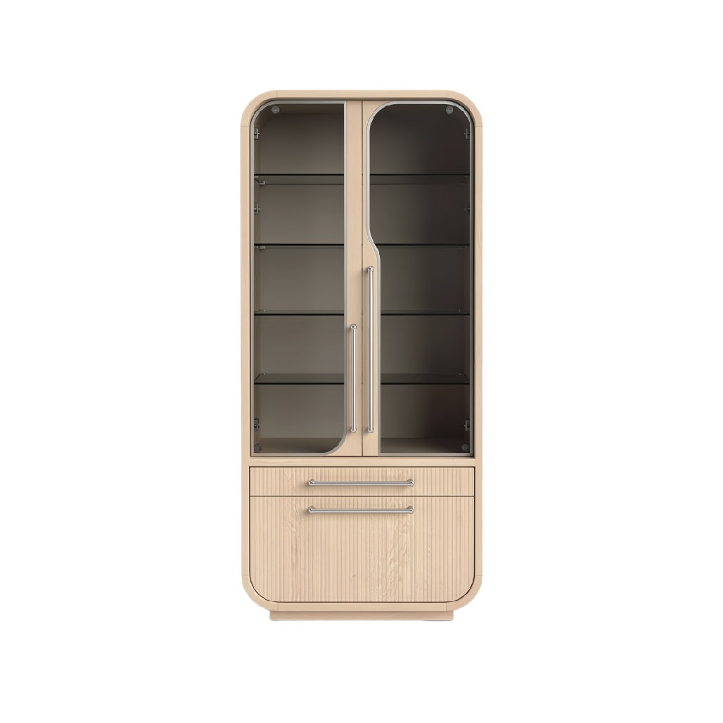 Modern Minimalist Glass Display Cabinet with Wooden Frame and Drawers